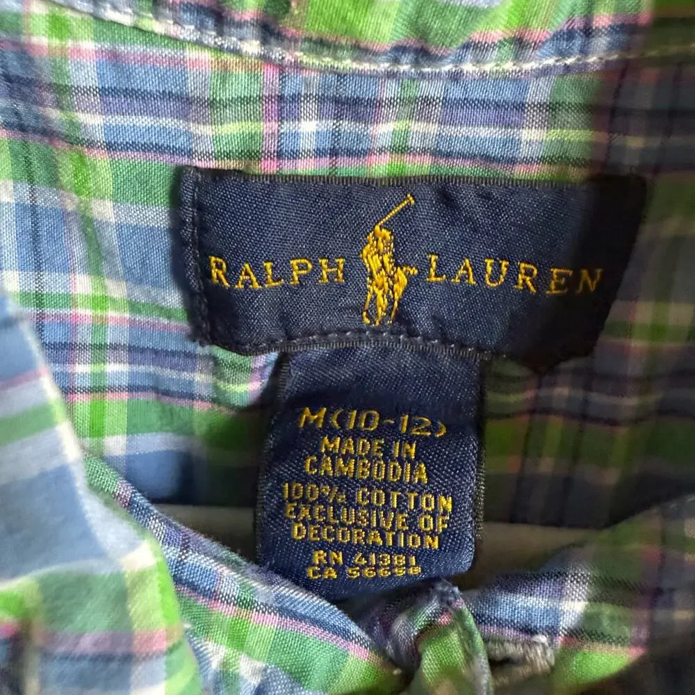 Ralph Lauren Boys Shirt Size M 10 12 Green Blue White‎ Pink Plaid Short Sleeve